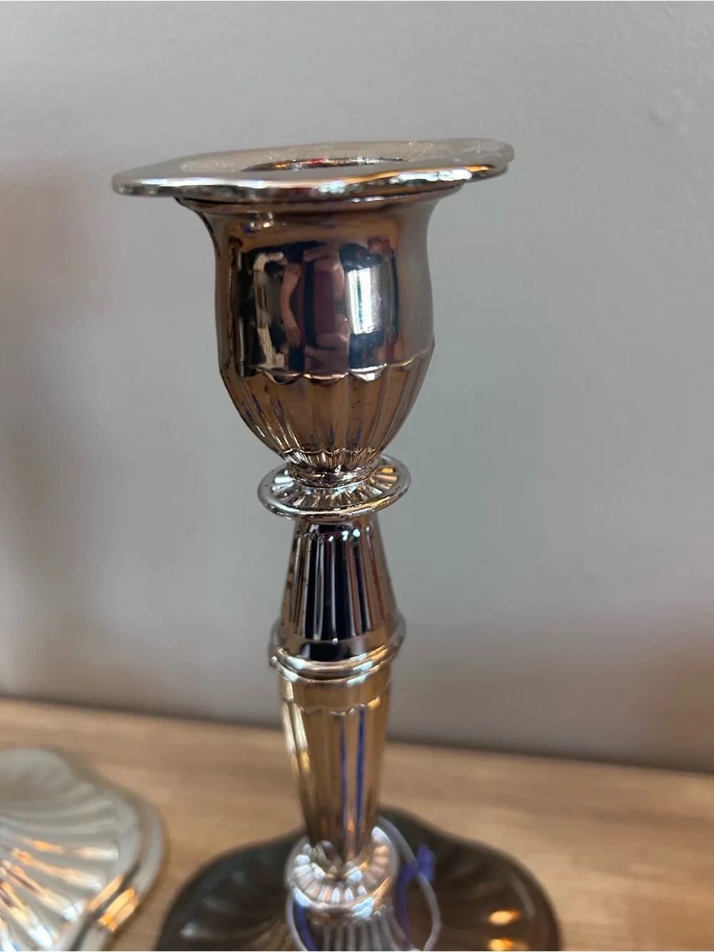 Vintage Silver Pair of Ribbed Metal Candlesticks